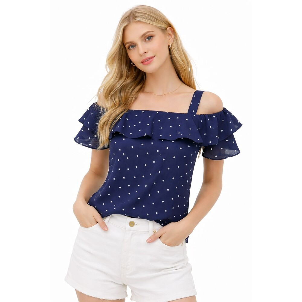 J.Crew Cold Shoulder Ruffle Blouse Navy White Polka Dot Silk Feel Top Size 10